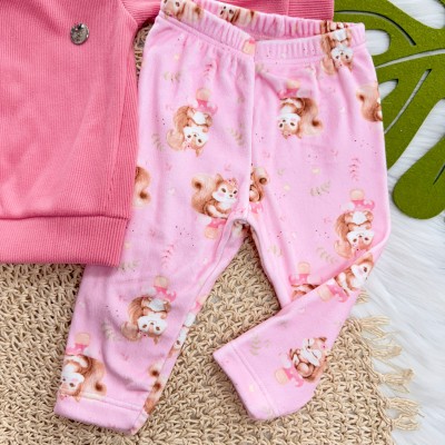 Conj. Blusa em Malha Cotele e Calça em Plush Esquila - Rosa